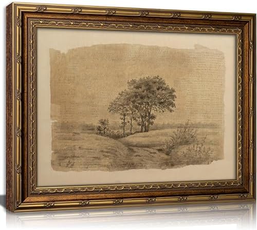 Vintage Gold Framed Sepia Country Landscape Sketch Wall Art, Rustic Tree Grove by HPZFEIJJWallArt
