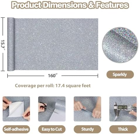 15.7"x160" Holographic Silver Glitter Wallpaper Stick and Peel Sparkle Silver - Image 3