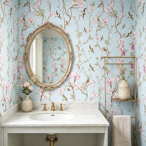 Peel and Stick Wallpaper Light Blue Vintage Floral & Birds Self Adhesive - Image 4