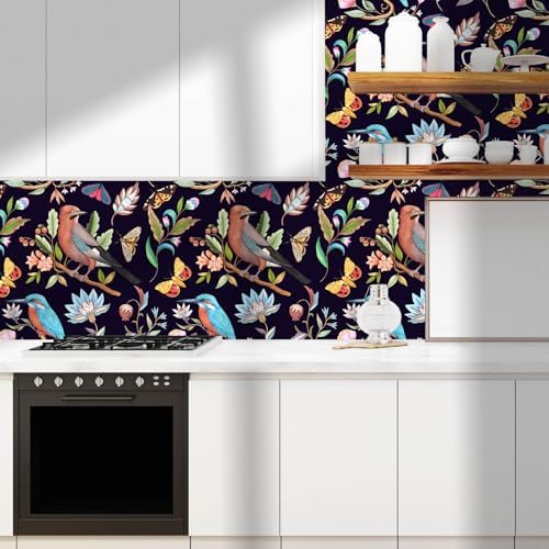 Vintage Black Floral Bird Peel and Stick Wallpaper 17.7" x 124" - Image 3