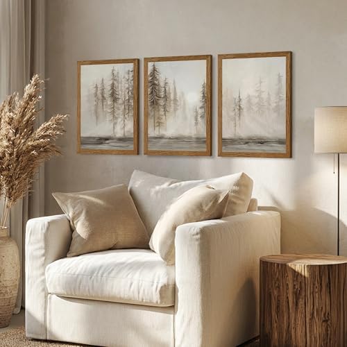 Urmoya Triptych Neutral Misty Forest Framed Canvas Wall Art, 12x16 inch x3 - Image 2