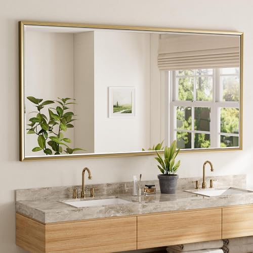 72 x 36 Gold Bathroom Mirror, Brushed Gold Beveled Bathroom Mirror, by QUEENFUN