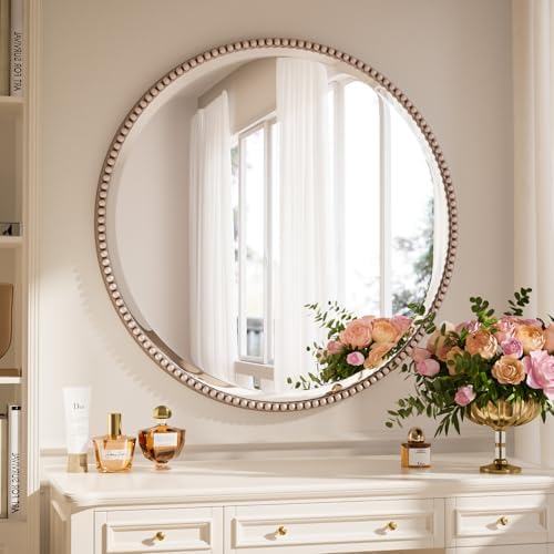 28'' Round Mirror, Beaded Circle Decorative Wall Mirror by Unknown