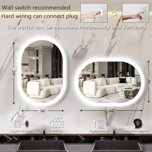 THEKLA Oval Lighted Mirror for Bathroom Wall Horizontal Vertical Mount Makeup - Image 2