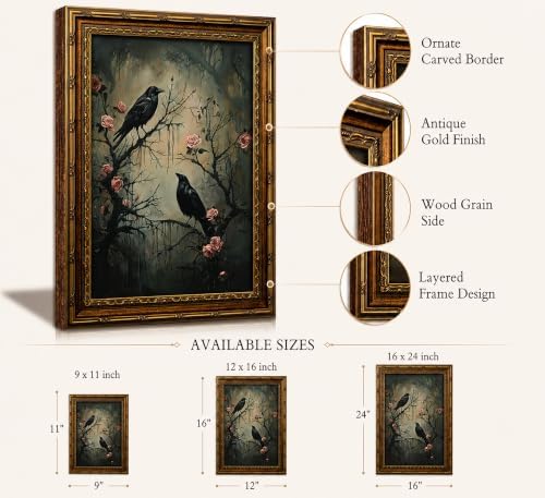 Vintage Gold Framed Raven Canvas Wall Art Dark Academia Gothic Painting Picture - Image 2