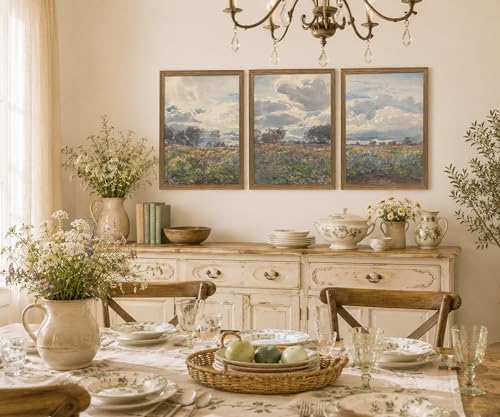 Vintage Framed Farmhouse Wildflower Meadow Landscape Wall Art Set of 3 - Image 5
