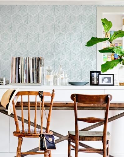 MelunMer Geometric Peel and Stick Wallpaper Boho Green White 17.3''×276'' - Image 2