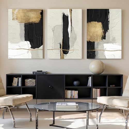 DUWQU Abstract Brushstrokes Canvas Wall Art Black White Gold 24x36 inch x3 - Image 2