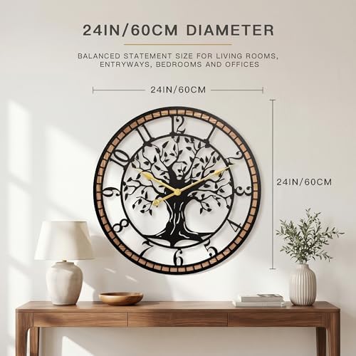 24" Tree of Life Wood and Metal Wall Clock, Rustic Decor - Image 2
