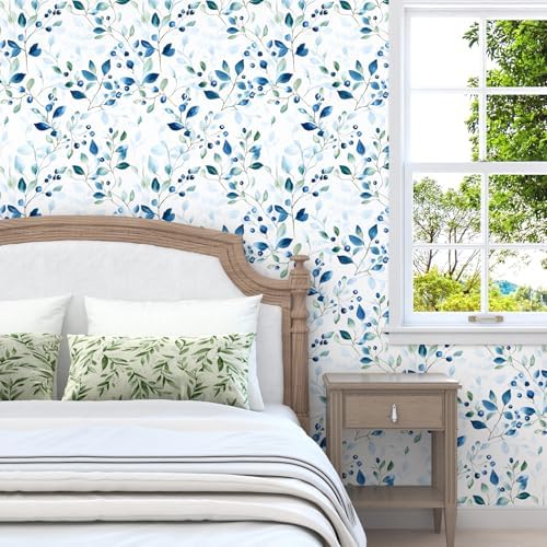 BOKEBEVE Super Long Leaf Wallpaper Peel and Sticck Blue Green 17.5 x 787In - Image 2