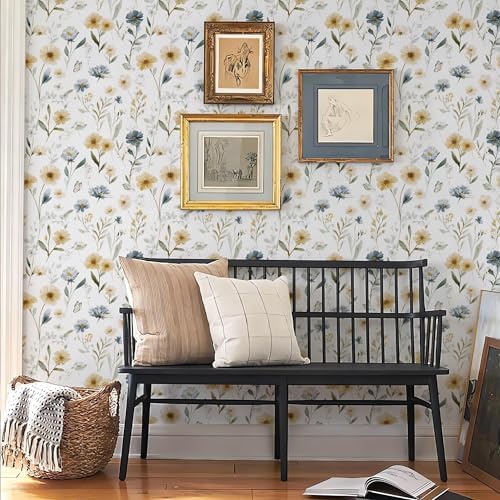 Ismoon Floral Peel and Stick Wallpaper Boho Wallpaper 17.3in x 6.56ft Blue and - Image 2