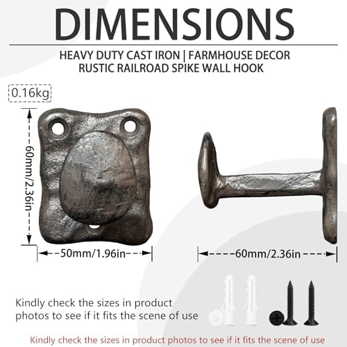 Rustic Cast Iron Railroad Spike Wall Hook, Heavy Duty Farmhouse Style Hammered - Image 2