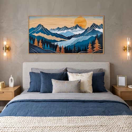 Boho Vintage Mountain Framed Canvas Wall Art Set, Woodcut Pine Tree Landscape - Image 4