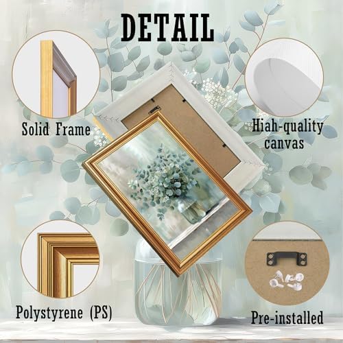EJPFOGV White Flowers Eucalyptus Still Life Framed Canvas Wall Art 8x10 in - Image 6