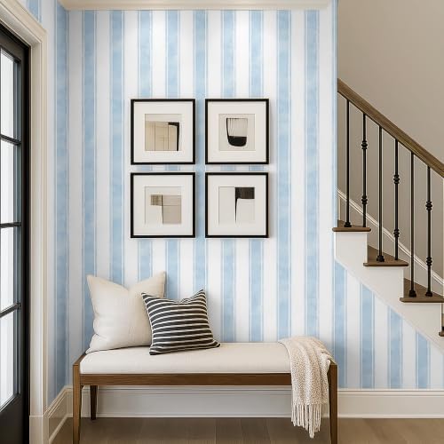 17.3" x 480" Watercolor Blue Striped Peel and Stick Wallpaper - Image 4