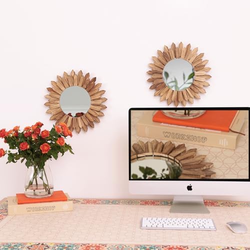 LOSOUR 2 Pack Boho Wall Decor Sunburst Mirror 12 inch Rustic Round Wood Mirror - Image 5