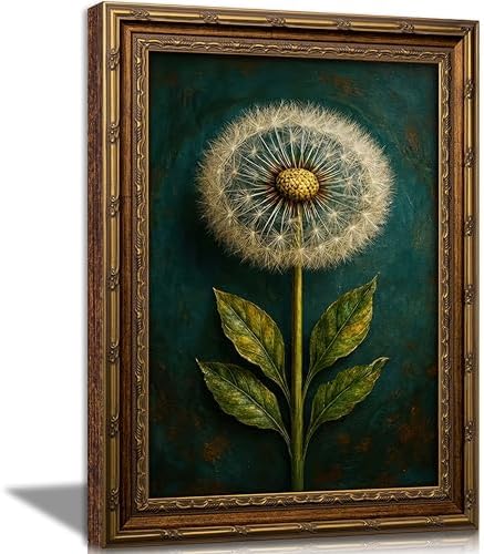 Vintage Gold Framed Dandelion Canvas Wall Art, Teal Background Botanical Oil by HPZFEIJJWallArt