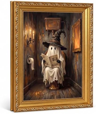 Vintage Gold Framed Cute Ghosts on Toilet Halloween Wall Art 9x11Inch by QWETYY666WallArt