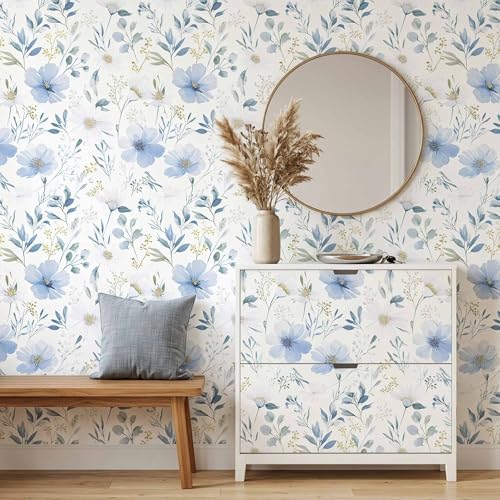Light Blue Floral Peel and Stick Wallpaper, 17.7in x 118in - Image 4