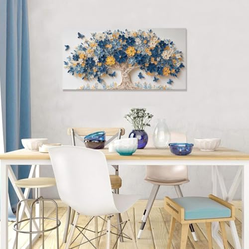 Blue Floral Tree Butterfly Canvas Wall Art Decor - Image 5