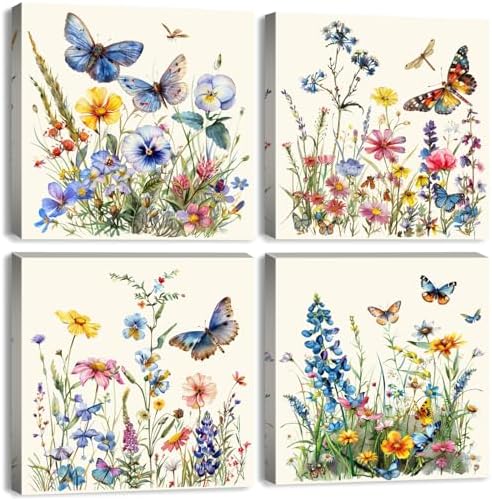 Butterfly Wall Art Farmhouse Wildflower Pictures Wall Decor Bathroom Decor by BLBORLINART
