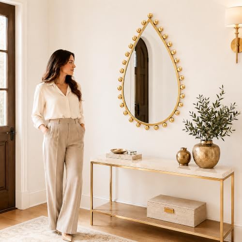 24x36 inch Teardrop Wall Mirror, Antique Gold Beaded Ball Frame - Image 4