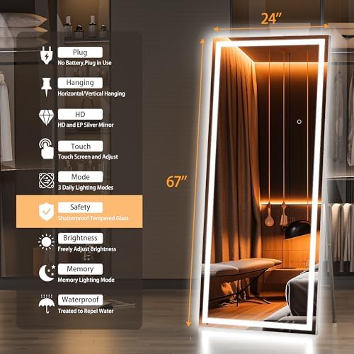 Hasipu Full Length Mirror with Lights, Full Body Dressing Hanging Mounted Mirror - Image 2