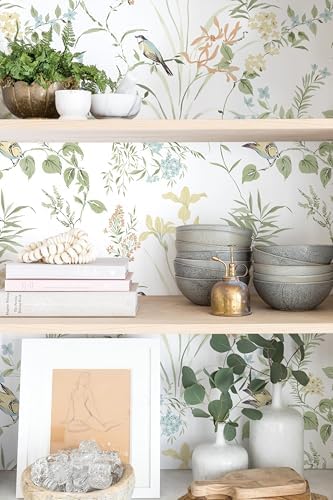 Erfoni Boho Floral Peel and Stick Wallpaper Green Floral Birds Wallpaper - Image 4