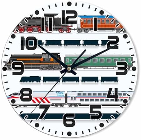 Train Wall Clock 10 inch Round Running on The Track Silent Non Ticking Wood by NOMEDOGYIM