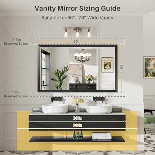 Briivue Black Metal Framed Bathroom Wall Mirror, 60x36 Inch - Image 2