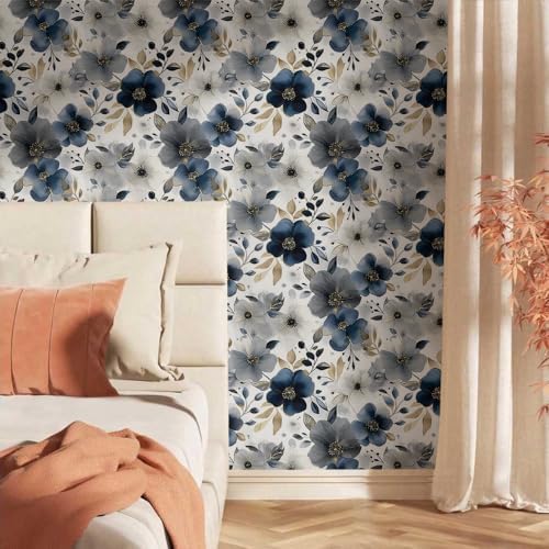 Ink Navy Grey Modern Peony Floral Peel and Stick Wallpaper Wall Decor Self - Image 2