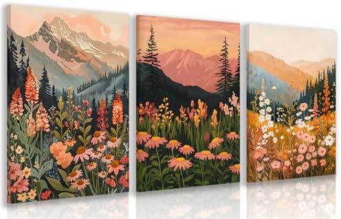IAFWZX Wrapped Canvas Boho Mountain Wildflower Wall Art Set of 3, 12x16 in by Unknown