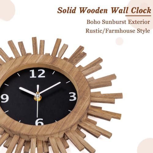 Honiway 12 Inch Wall Clock, Battery Operated, Rustic Wood Boho Sunburst - Image 6