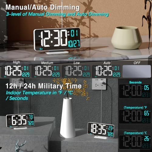 KOSUMOSU Digital LED Clocks for Bedrooms 6.7in White Alarm Clock, Day of Week - Image 2