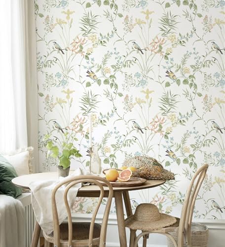 Erfoni Boho Floral Peel and Stick Wallpaper Green Floral Birds Wallpaper - Image 6