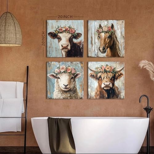 Animal Wall Art Highland Cow Wall Decor Rustic Flower Pictures Farmhouse Animal - Image 4