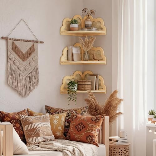 3 Pcs Cloud Floating Corner Shelf Set Boho Rattan Storage - Image 2