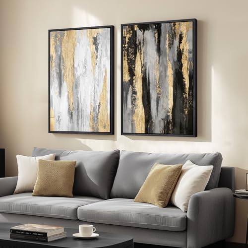 Large Framed Elegant Black White Gold Wall Art by Cuspin