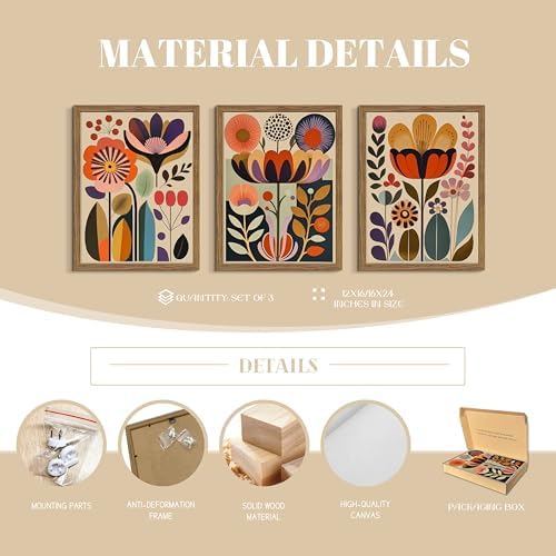 Framed Colorful Floral Wall Art Set of 3, Abstract Scandinavian Flower Canvas - Image 4