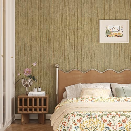Gold Brown Peel and Stick Grasscloth Wallpaper Textured Wallpaper 15.7×80" - Image 2