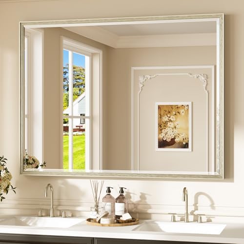 Keonjinn 48"x36" Brushed Nickel Bathroom Vanity Mirror Wall, Aluminum Alloy by Keonjinn