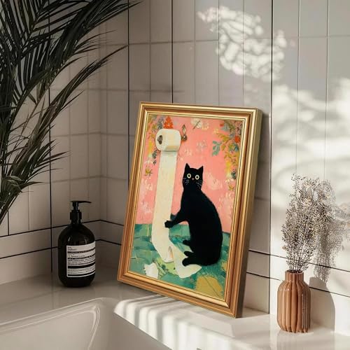 ICHZUMW Gold Framed Funny Black Cat Toilet Paper Canvas Wall Art, 12x16 In - Image 5