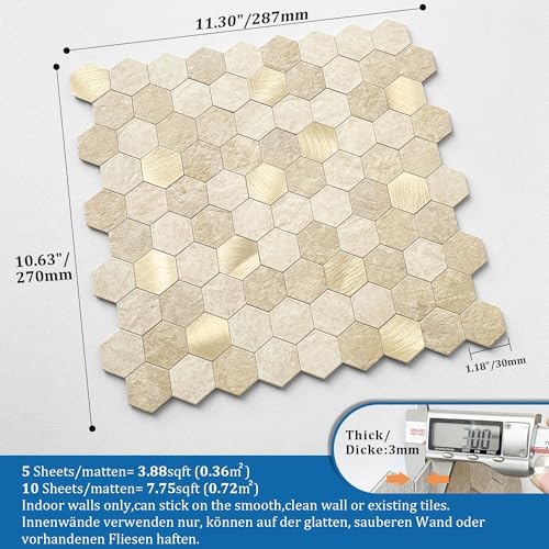 Peel and Stick Backsplash Hexagon Marble Tiles Beige 10pcs - Image 5