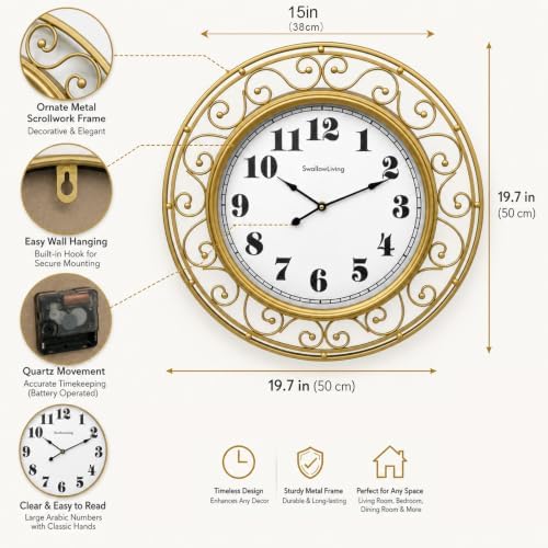 SwallowLiving Ornate Metal Wall Clock 20 Inch – Large Arabic Numbers Silent - Image 2