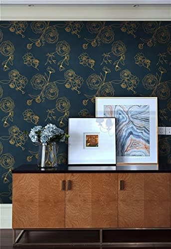 Safiyya 78.7"x17.3" Peel and Stick Wallpaper Gold and Blue Contact Paper Floral - Image 5