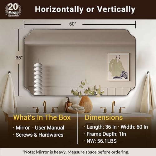 ANDY STAR 36"x60" Large Bathroom Mirror, Brushed Nickel Rectangle Mirror - Image 2