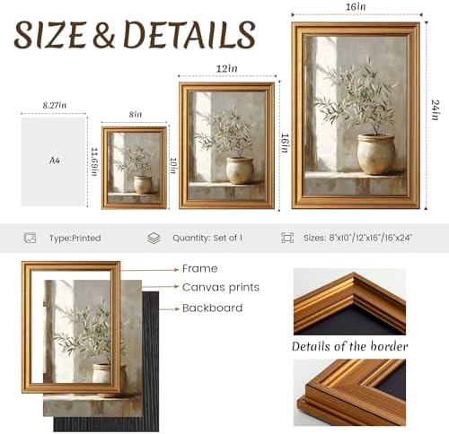 Vintage Gold Framed Olive Tree Canvas Wall Art, Neutral Botanical Pictures Wall - Image 7