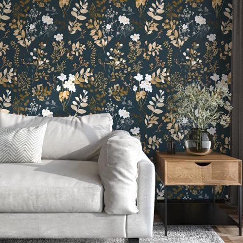 Laatse Vintage Dark Navy Gold Floral Peel and Stick Wallpaper 17.5"x197" - Image 4