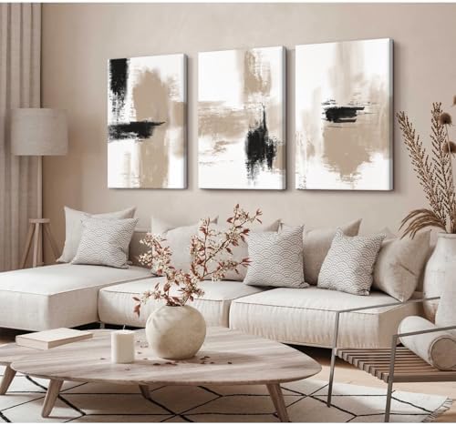 Beige Abstract Wall Art Painting Set of 3 Framed Neutral Canvas Wall Art Prints - Image 4