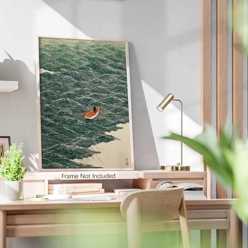 Vintage Japanese Canvas Wall Art Emerald Green Boat At Sea Posters Minimalist - Image 2